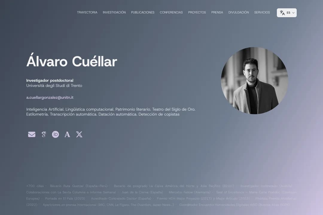 Página de la web académica de Álvaro Cuéllar